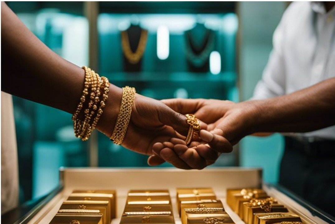 Customer selling gold jewellery at a gold buyer counter