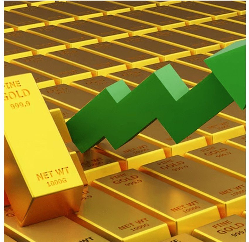 Gold bars with rising market rate chart
